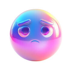 Fototapeta premium Glossy 3D rendering of a sad or disappointed holographic emoji face expressing negative emotion isolated on a pure transparent background