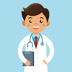 Obraz premium Friendly doctor character holding stethoscope and medical records.