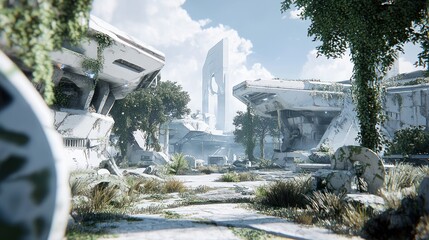 Fototapeta premium Post-Apocalyptic Ruins: Overgrown Futuristic Cityscape