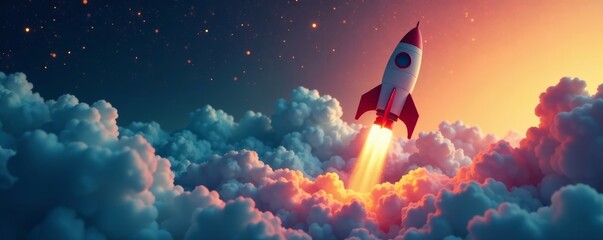 Business idea taking off with rocket ship and smartphone, technology launch, entrepreneurship
