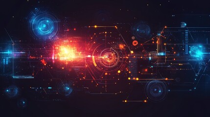 Obraz premium Futuristic abstract technology theme with glowing symbols, digital grids, and flowing data lines 