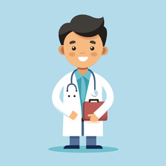 Friendly doctor character holding stethoscope and medical records.