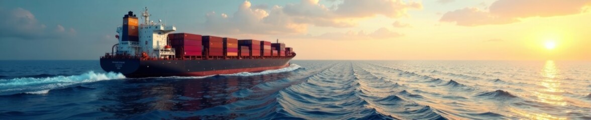 Naklejka premium Cargo ship sailing into horizon with container, freight, export