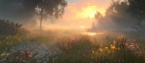 Naklejka premium Misty sunrise over a field of wildflowers.