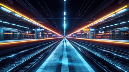 Futuristic Train Station at Night: Vibrant Lights and Gleaming Tracks