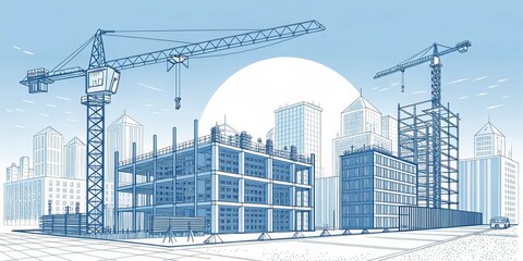 A blueprint-style illustration of a construction site featuring cranes and buildings against a light blue background.
