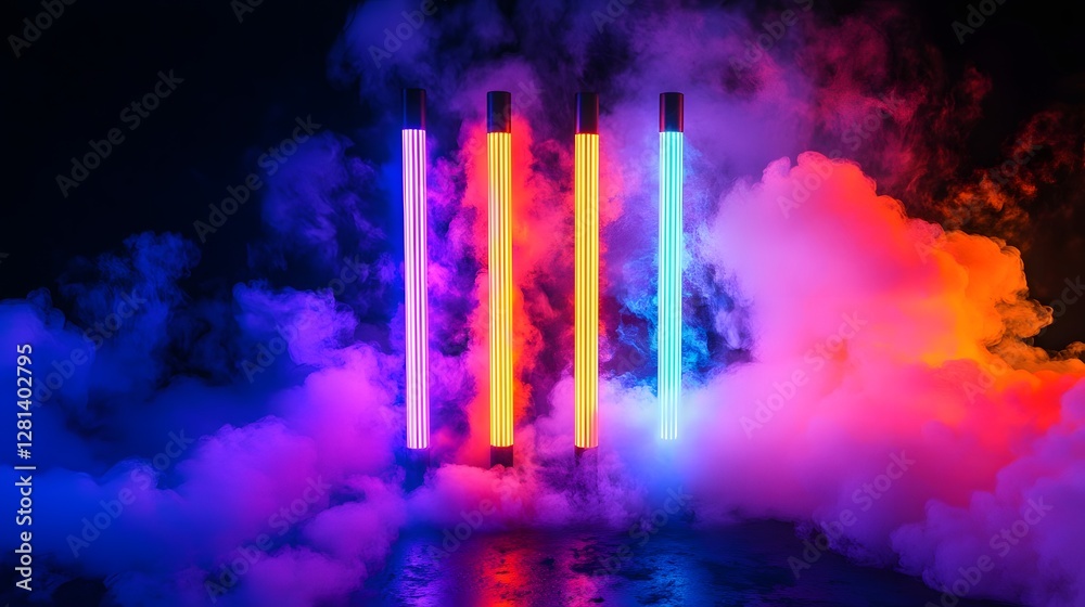Poster Vibrant and luminous abstract background with dynamic swirling colorful neon smoke vapor and light effects creating a futuristic experimental and surreal atmosphere