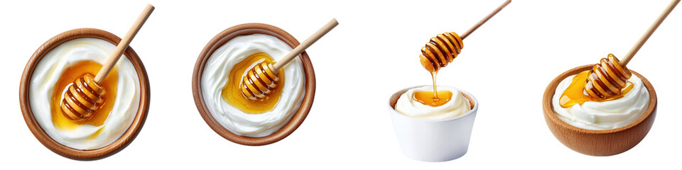 Honey Drizzling Over Creamy Yogurt in Stylish Bowls and Spoons