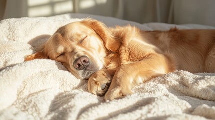 Obraz premium Golden retriever dog sleeping comfortably on cozy blanket in sunlit room indoor lifestyle warm and relaxing atmosphere