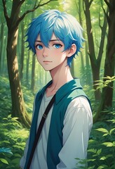 Young Anime Man with Blue Hair Standing in Forest