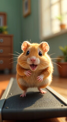 Fototapeta premium Cheerful Hamster on Treadmill in a Cozy Room