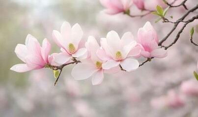 Fototapeta premium Close Up of Delicate Pink Magnolia Blossoms in Soft Light for a Dreamy Floral Background