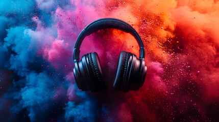 Vibrant colorful explosion of smoke and cloud surrounding a pair of black headphones representing the energy impact and expression of music and audio technology