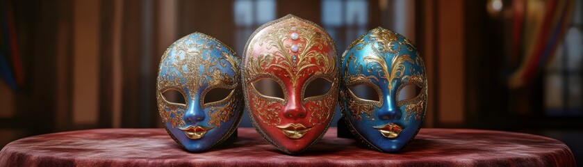Fototapeta premium Three intricately designed decorative masks in blue, red, and gold, displayed on a table, capturing a vibrant artistic essence.
