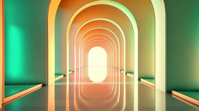 Vibrant arches create dreamlike passage, blending colors and reflections beautifully