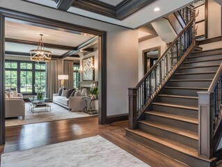 Luxurious home interior showcasing stairs and adjacent living room