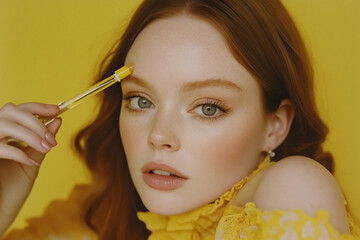 Obraz premium Portrait of woman with red hair applying clear liquid product to forehead against yellow backdrop