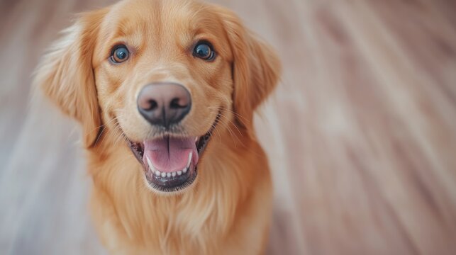 Joyful golden retriever dog portrait at home captured close-up bright environment playful mood for pet lovers - Powered by Adobe