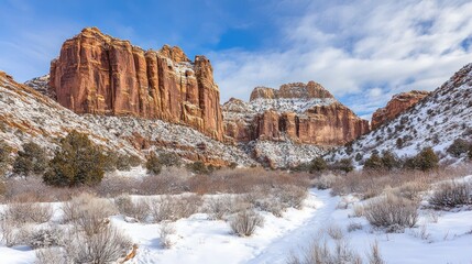 Snow Covered Canyon With Red Rock Cliffs