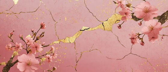 Golden Kintsugi cracks running through a delicate cherry blossom pattern, symbolizing imperfection