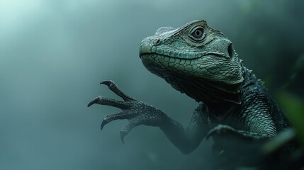 Obraz premium Lizard Reaching Out in Misty Environment