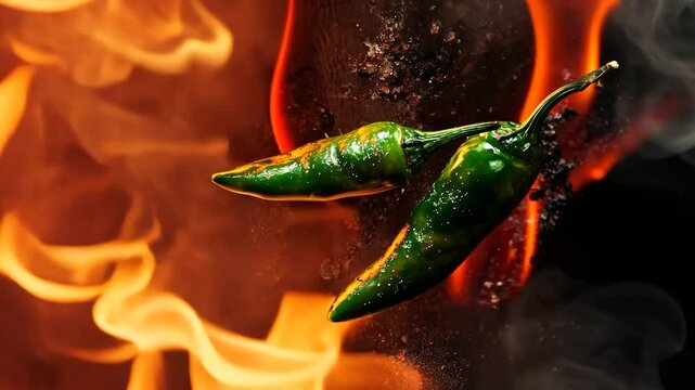 Fiery Green Chili Peppers, Smoke, Fire Background