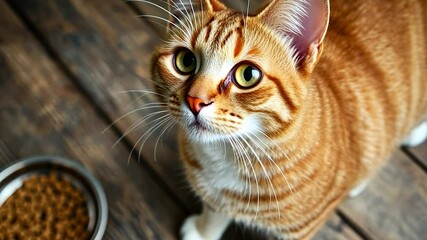 Hungry ginger cat awaits food on wood