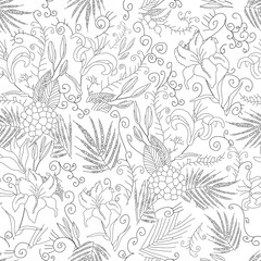 Seamless monochrome flowers pattern on white background