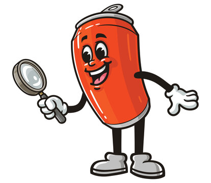 recommend clip art: Soda Can character mascot cartoon holding a magnifying glass