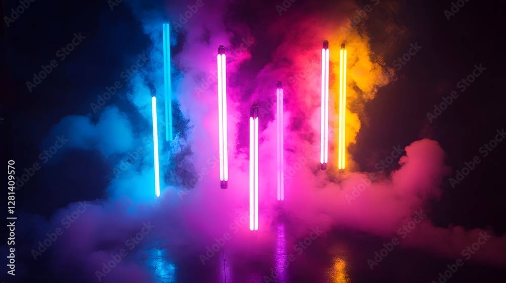 Poster Vibrant Neon Light Bursts with Glowing Illumination in Futuristic and Techno Abstract Background Design  Colorful Graphic Visual Effect