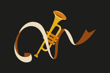 Vibrant trumpet design with flowing ribbons in a dynamic composition on a dark background
