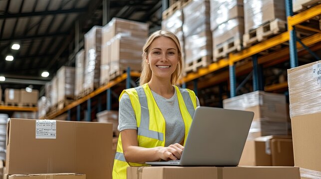 A female worker in a warehouse scans boxes with a barcode scanner while using a laptop to update the inventory system