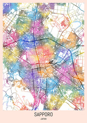 Sapporo Japan City Map, downtown tourism, house art travel, scenic metropolis concept, travel art city, patriotic abstract banner