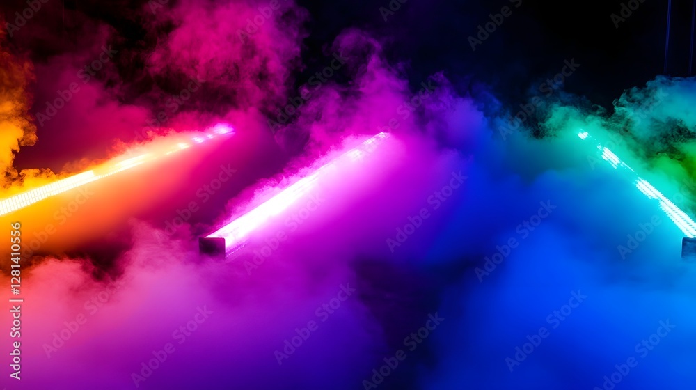 Poster vibrant theatrical lights in a spectrum of colors including neon laser beams and spotlights combined