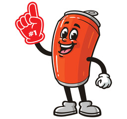Soda Can character mascot cartoon with foam finger