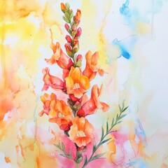 Snapdragon Flower Watercolor Painting. Abstract Floral Art with Bright Colors