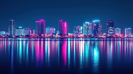 Obraz premium Neon Cityscape Reflection: A Vibrant Nightscape