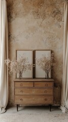 Beige Vintage Wooden Chest of Drawers in a Rustic Room