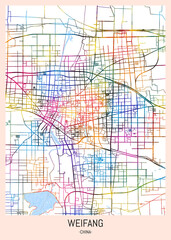 Weifang China City Map, downtown tourism, house art travel, scenic metropolis concept, travel art city, patriotic abstract banner