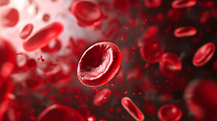 Dramatic macro shot capturing the intricate details of red blood cells floating in fluid, depicting their essential role in human health and circulation