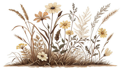 dry grass and flowers on transparent background