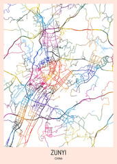 Zunyi China City Map, downtown tourism, house art travel, scenic metropolis concept, travel art city, patriotic abstract banner