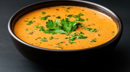 Creamy orange soup in dark bowl on black surface. Perfect for a cozy meal