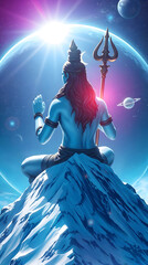 Lord Shiva is meditating on the top of a snowy mountain peak. Cosmic scene with a large planet surrounded by stars and other celestial bodies