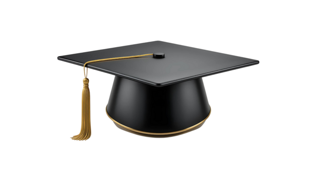 A symbol of accomplishment, a black graduation cap with a golden tassel, representing years of hard work and the exciting journey ahead, sharply focused against a pure white backdrop.