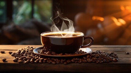 Cozy Morning Vibes - Steaming Cup of Coffee on Rustic Wooden Counter with Scattered Coffee Beans