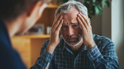 Middle-aged man expressing concern while sitting with hands on his head in a cozy indoor space during daylight hours