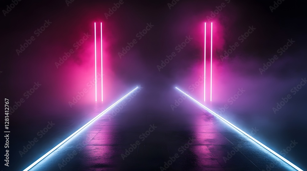 Poster Vivid neon glow corridor with dynamic lighting effects creating a futuristic sci fi atmosphere  The abstract glowing lines and beams of light intersect forming a mesmerizing kinetic visual experience