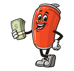 Soda Can character mascot cartoon holding cash