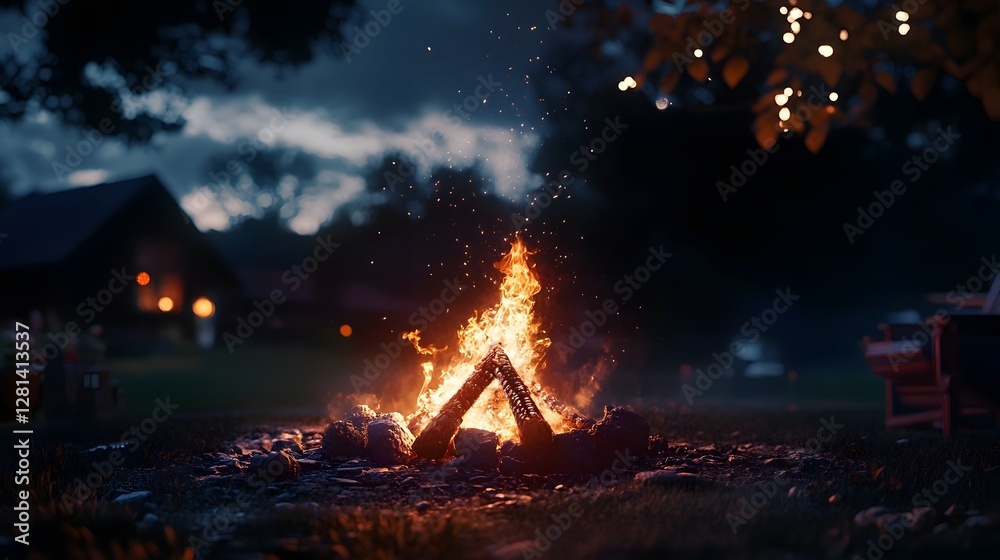 Aufkleber warm and inviting campfire burning brightly in a remote wilderness setting surrounded by tall trees 